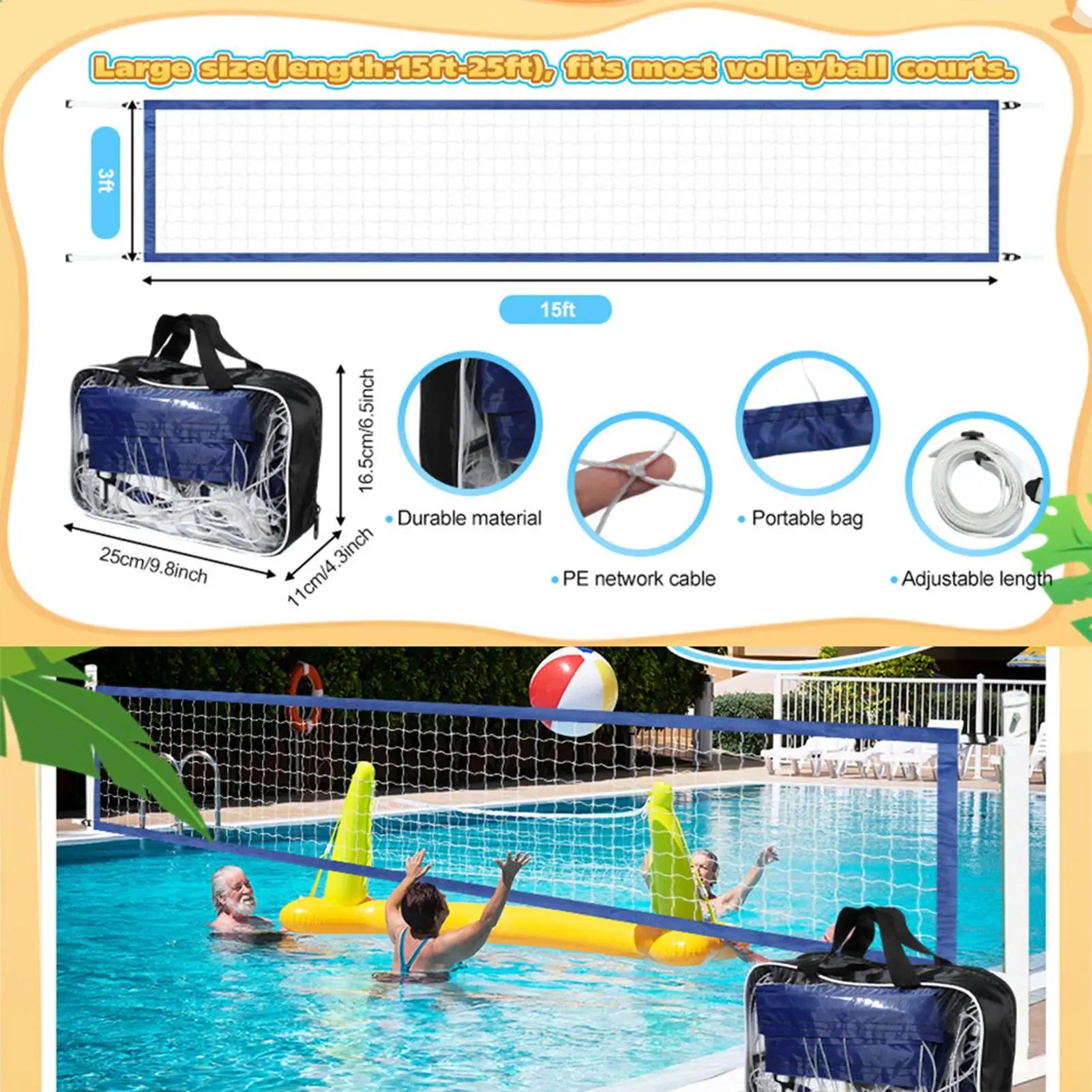 Swimming Pool Volleyball Net 15 X 3FT Nylon Portable Volleyball Net Replacement Accessories Professional Swimming Pool Supplies